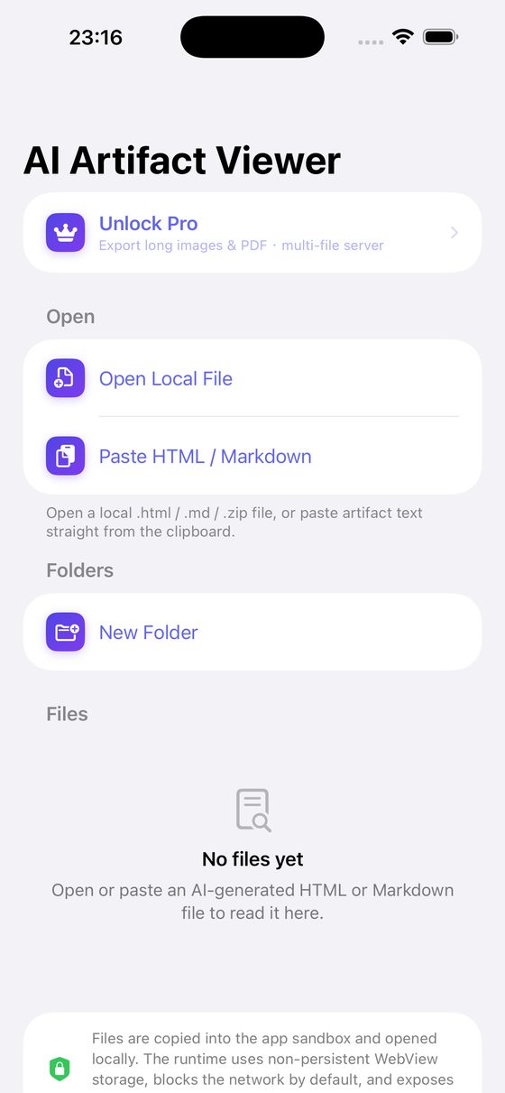 AI Artifact Reader home screen with folders and files on iPhone